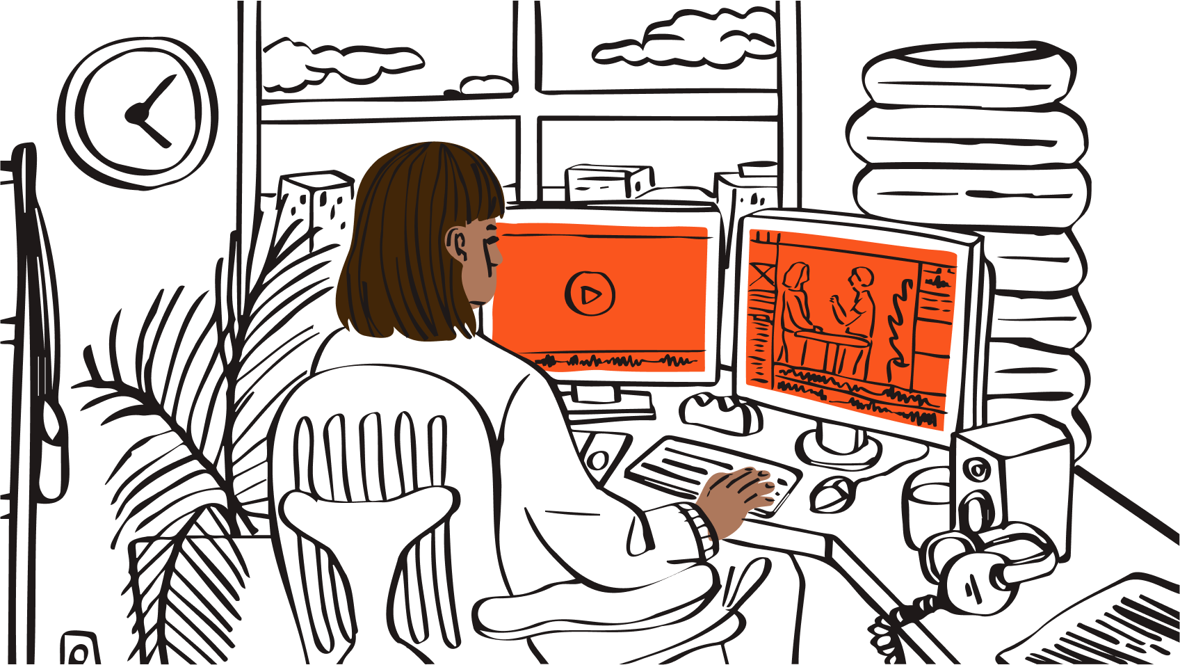 Ilustración de un editor de vídeo trabajando en un proyecto creativo con Dropbox.