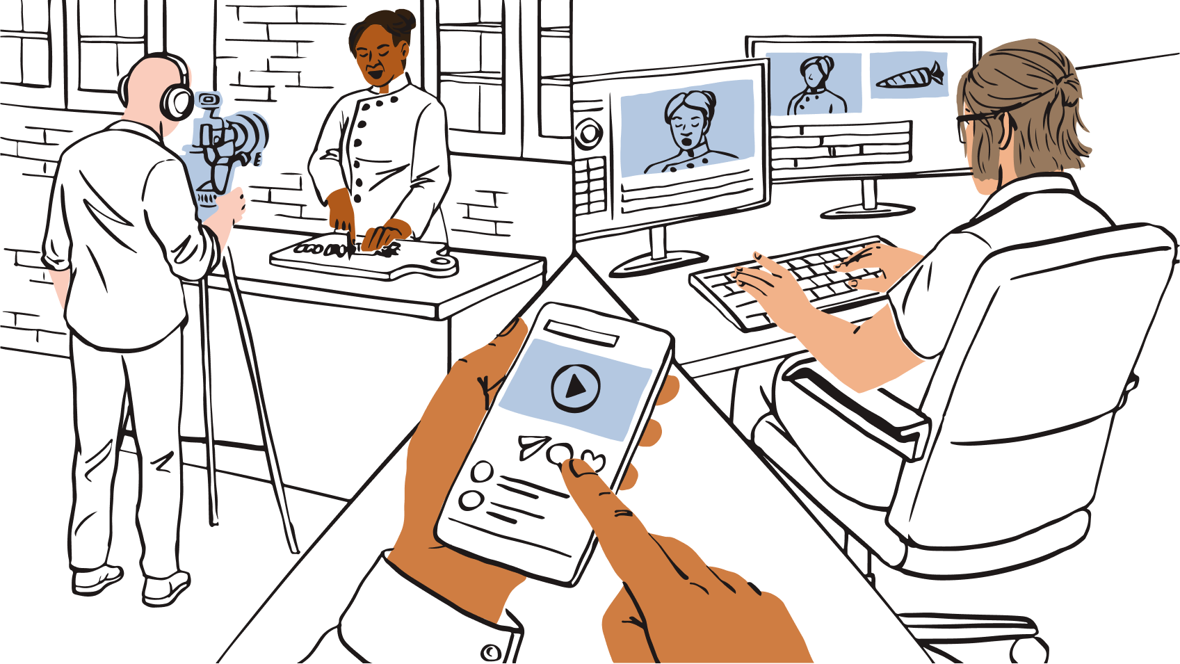 Ilustración en la que aparece un equipo de videógrafos que crean contenido para diferentes plataformas con las herramientas de edición de vídeo disponibles en Dropbox.