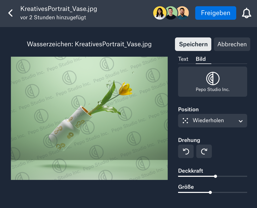 Ein individuelles Wasserzeichen wird auf ein Bild in Dropbox angewendet