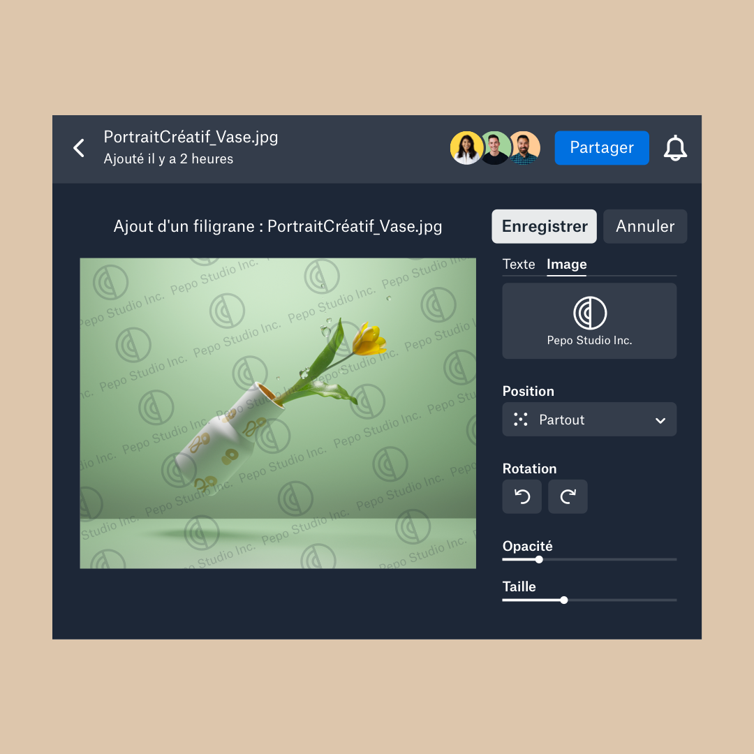 Interface d’ajout de filigrane dans Dropbox avec sélecteurs pour l’image, la position, l’opacité et la taille du filigrane