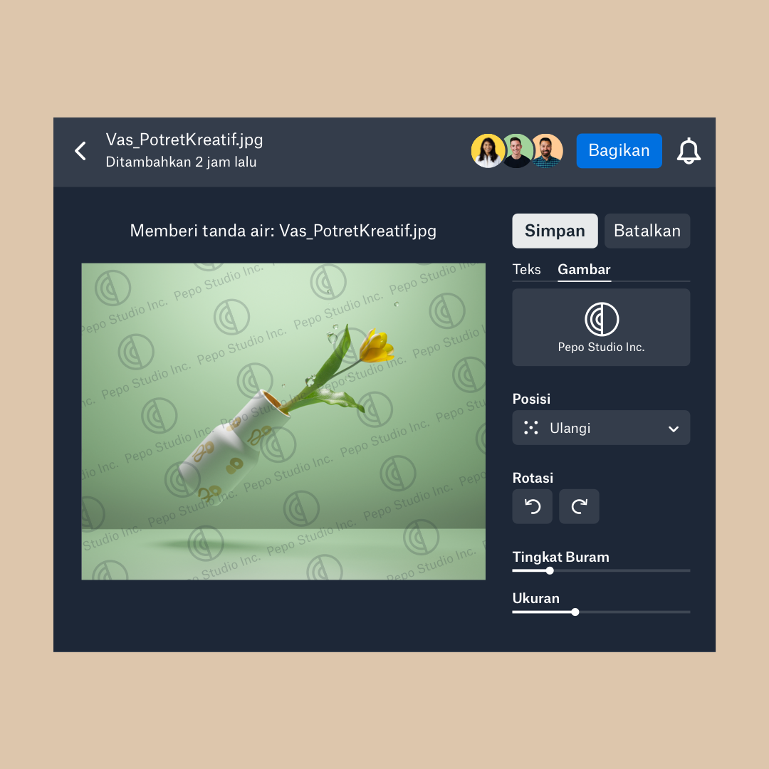 antarmuka markah air di Dropbox dengan tombol untuk memilih gambar markah air beserta posisi, transparansi, dan ukuran markah air