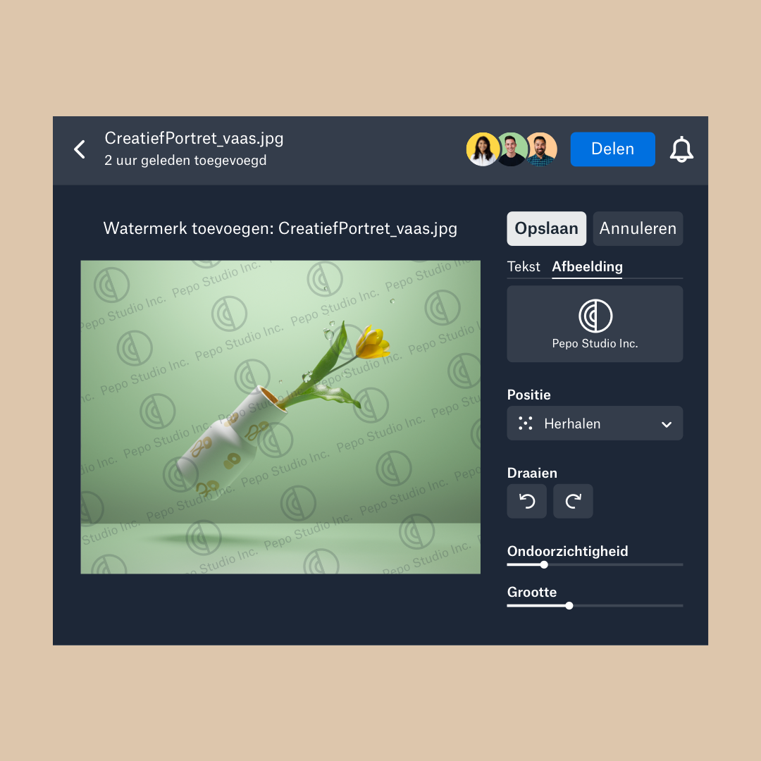 de watermerkinterface in Dropbox vinden met wisselknoppen voor het selecteren van de watermerkafbeelding, evenals de positie, dekking en grootte van het watermerk