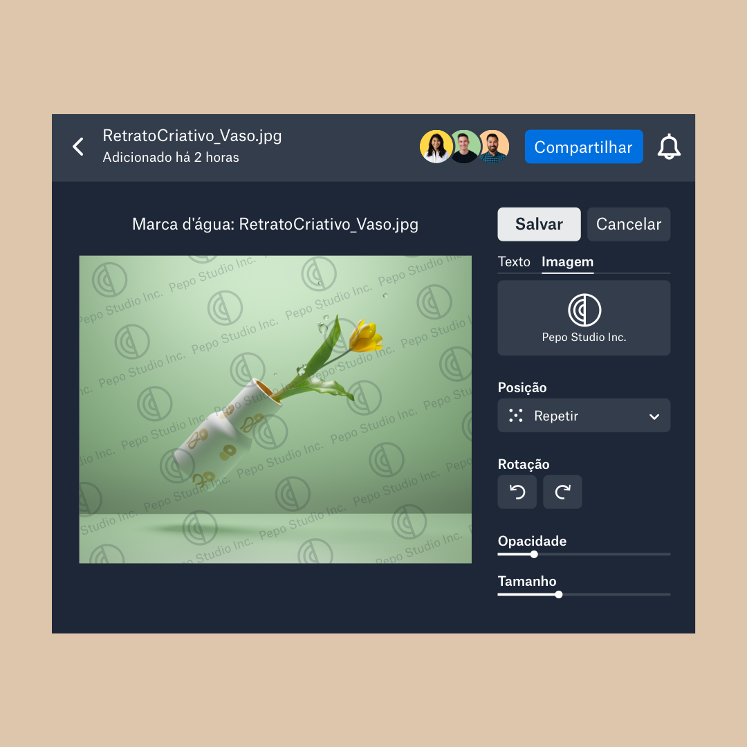 a interface da marca d'água no Dropbox com alternâncias para selecionar a imagem da marca d'água, bem como a posição, opacidade e tamanho da marca d'água