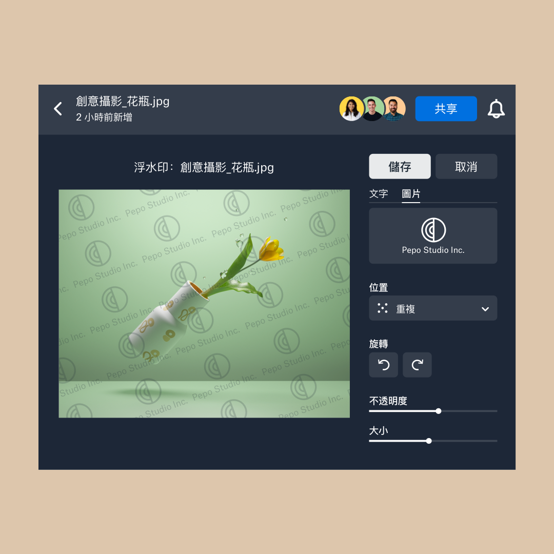 在 Dropbox 的浮水印介面上，您可以選擇要作為浮水印的圖片，以及浮水印的位置、透明度與大小