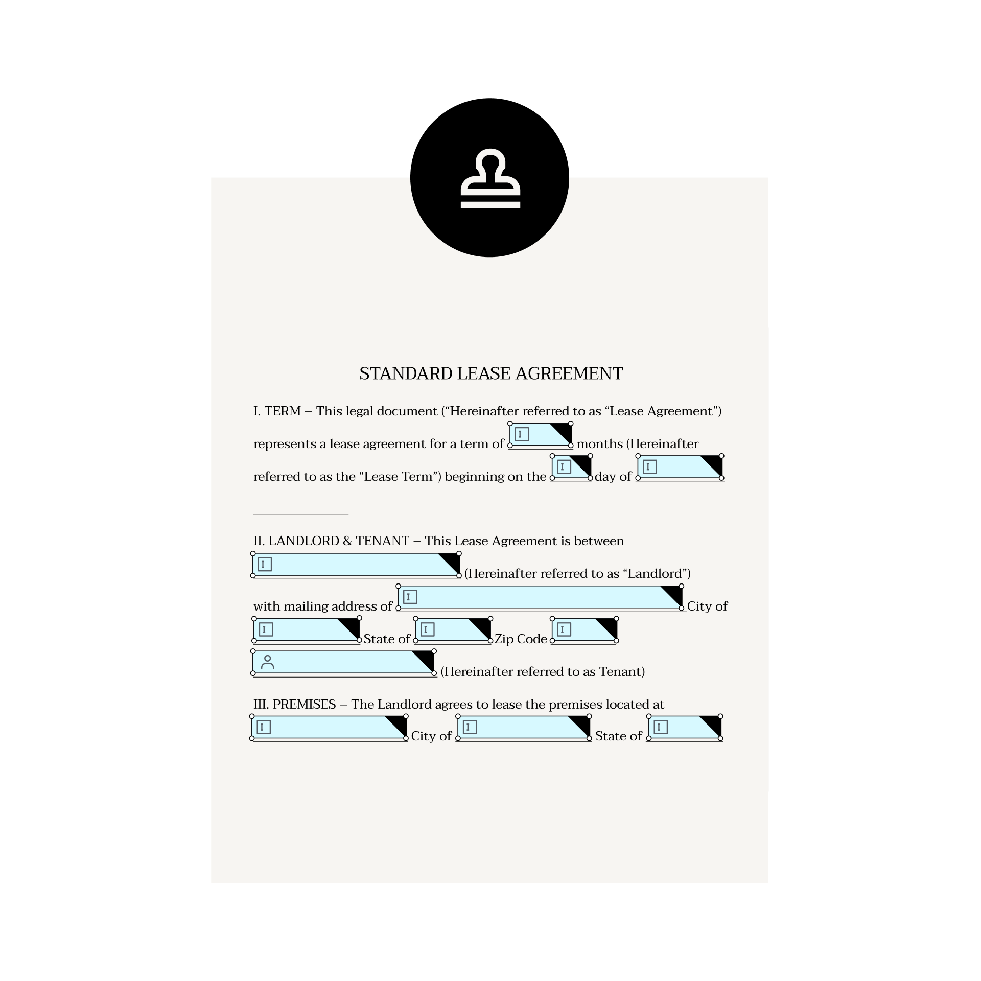 A lease agreement with form-fill boxes for specific information