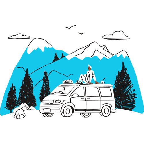 A person sitting on the roof of an RV looking at a mountain range.