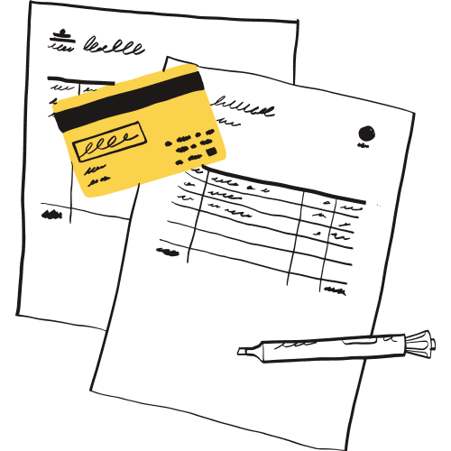 An illustration of a pair of invoices, with a yellow credit card on top of them.