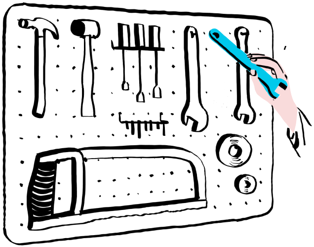 An illustration of tools hanging on a wall, with a hand taking a blue wrench from it.