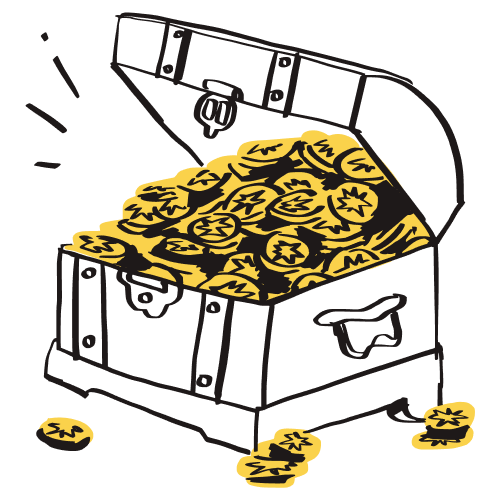 An illustration of a treasure chest, with coins spilling out of it.