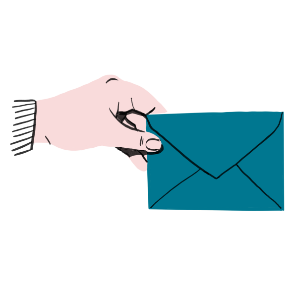 A hand holds a sealed envelope.