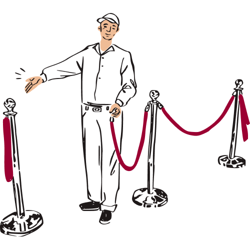A person opening a red rope stanchion with their arm waving for someone to go through.