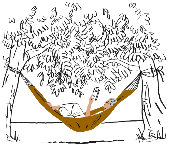 An older person reading a book lies in a hammock attached to two trees.