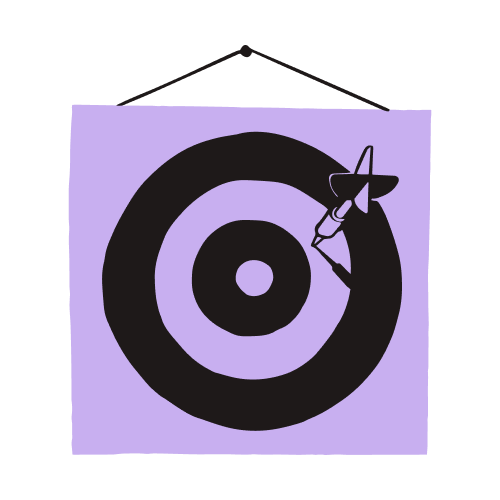 A target on a purple, square board. A dart is stuck in the board, just up and to the right of the second-most ring.