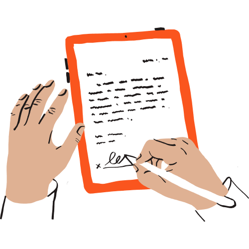 A hand signs a form on a tablet. 