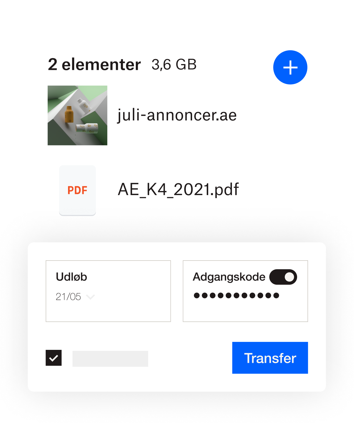 Dropbox-grænsefladen, hvor en udløbsdato og adgangskode kan føjes til en fil