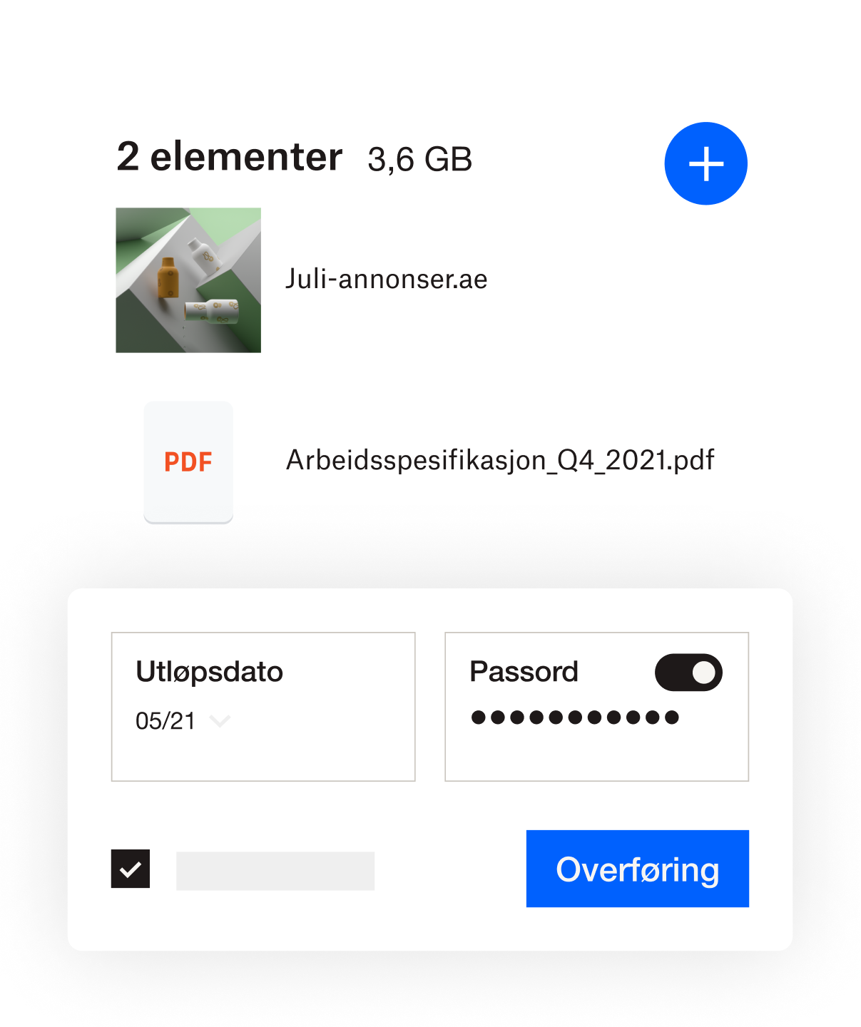 Dropbox-grensesnitt der en utløpsdato og et passord kan legges til en fil