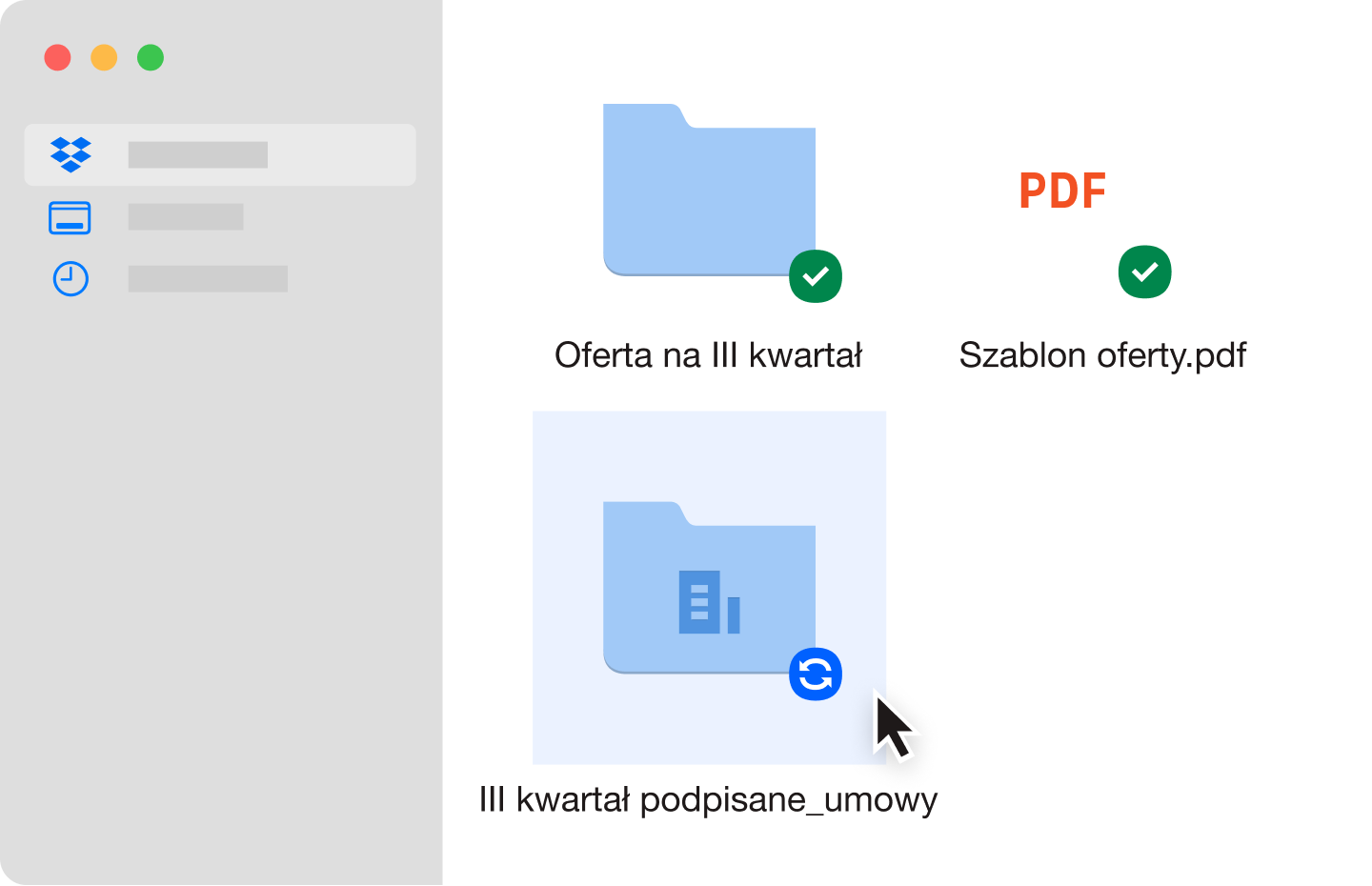 Dwa niebieskie foldery plików i plik PDF, które zostały zsynchronizowane na koncie Dropbox