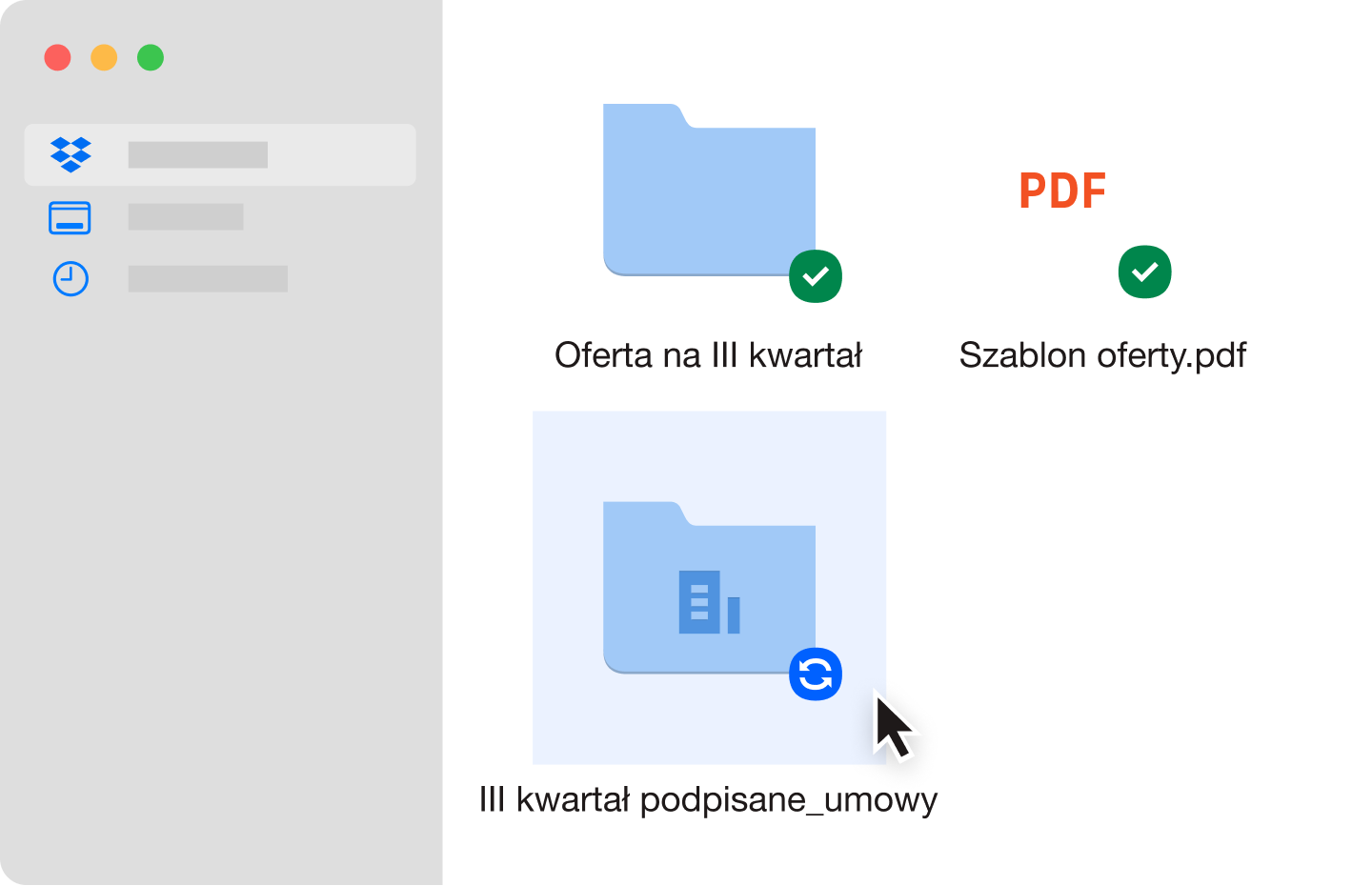 Dwa niebieskie foldery plików i plik PDF, które zostały zsynchronizowane na koncie Dropbox