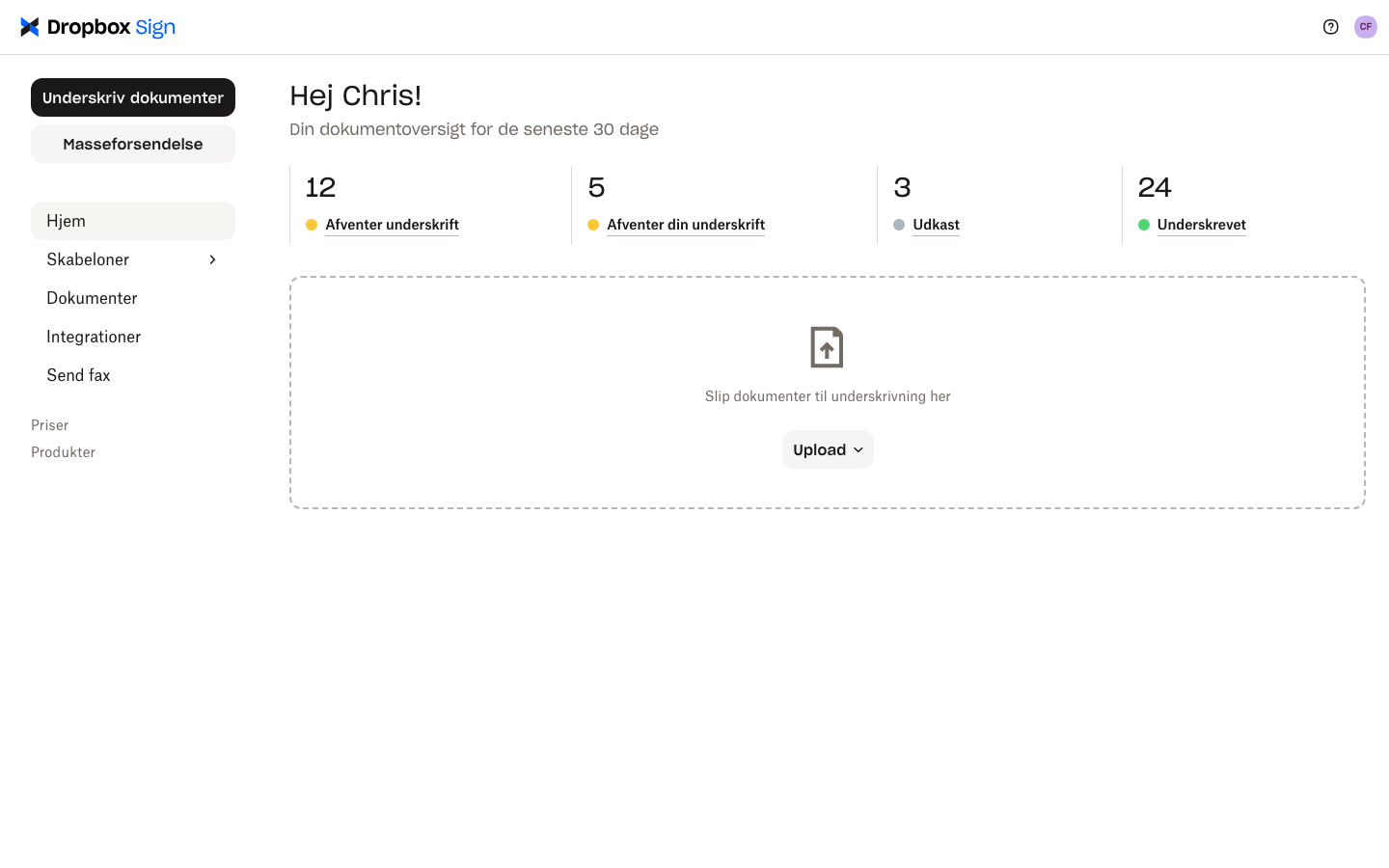Dropbox Sign-brugerkonto viser dokumentoversigt.