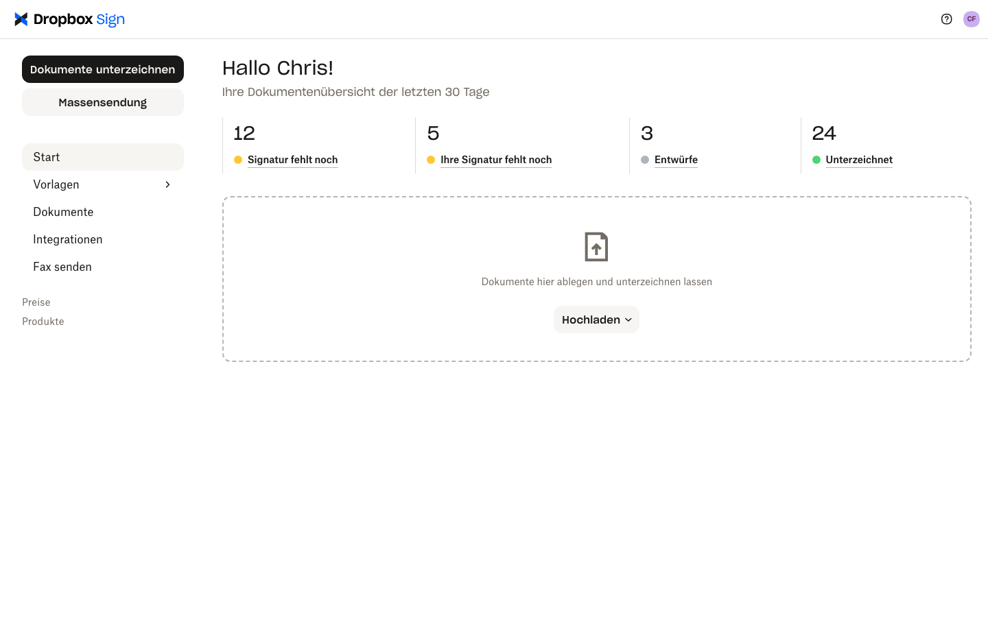 色色Dropbox Sign-Nutzerkonto mit einer Zusammenfassung der Dokumente.