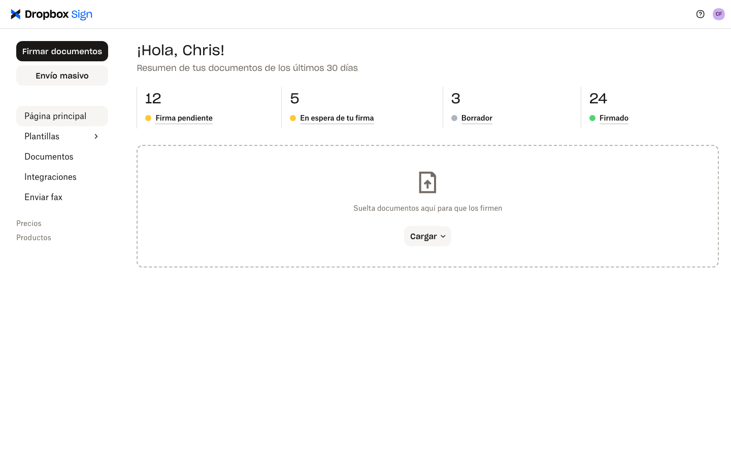 Cuenta de usuario de Dropbox Sign en la que se muestra el resumen de documentos.