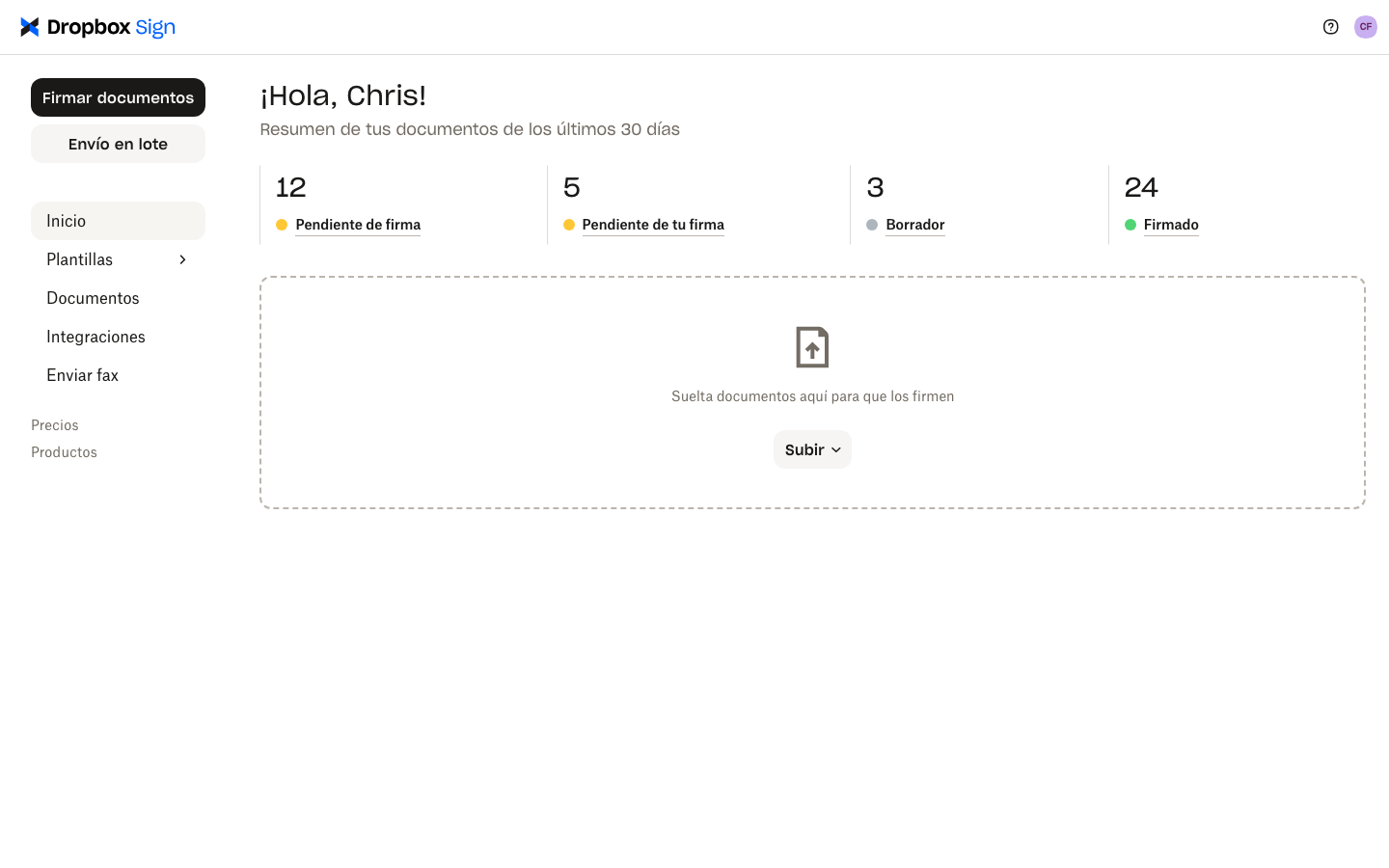 Cuenta de usuario de Dropbox Sign mostrando resumen de documentos