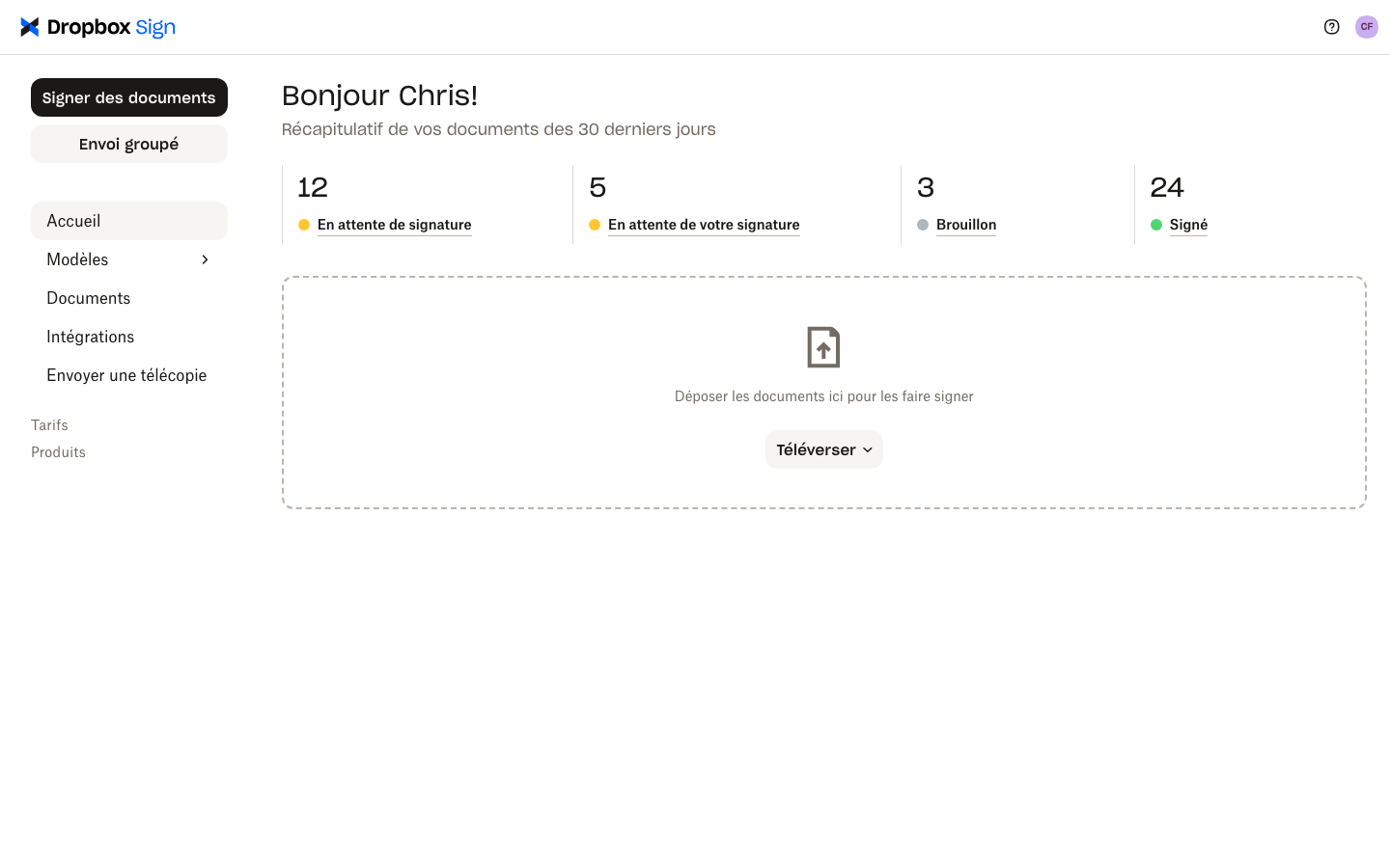 Compte d’utilisateur Dropbox Sign affichant le récapitulatif des documents.