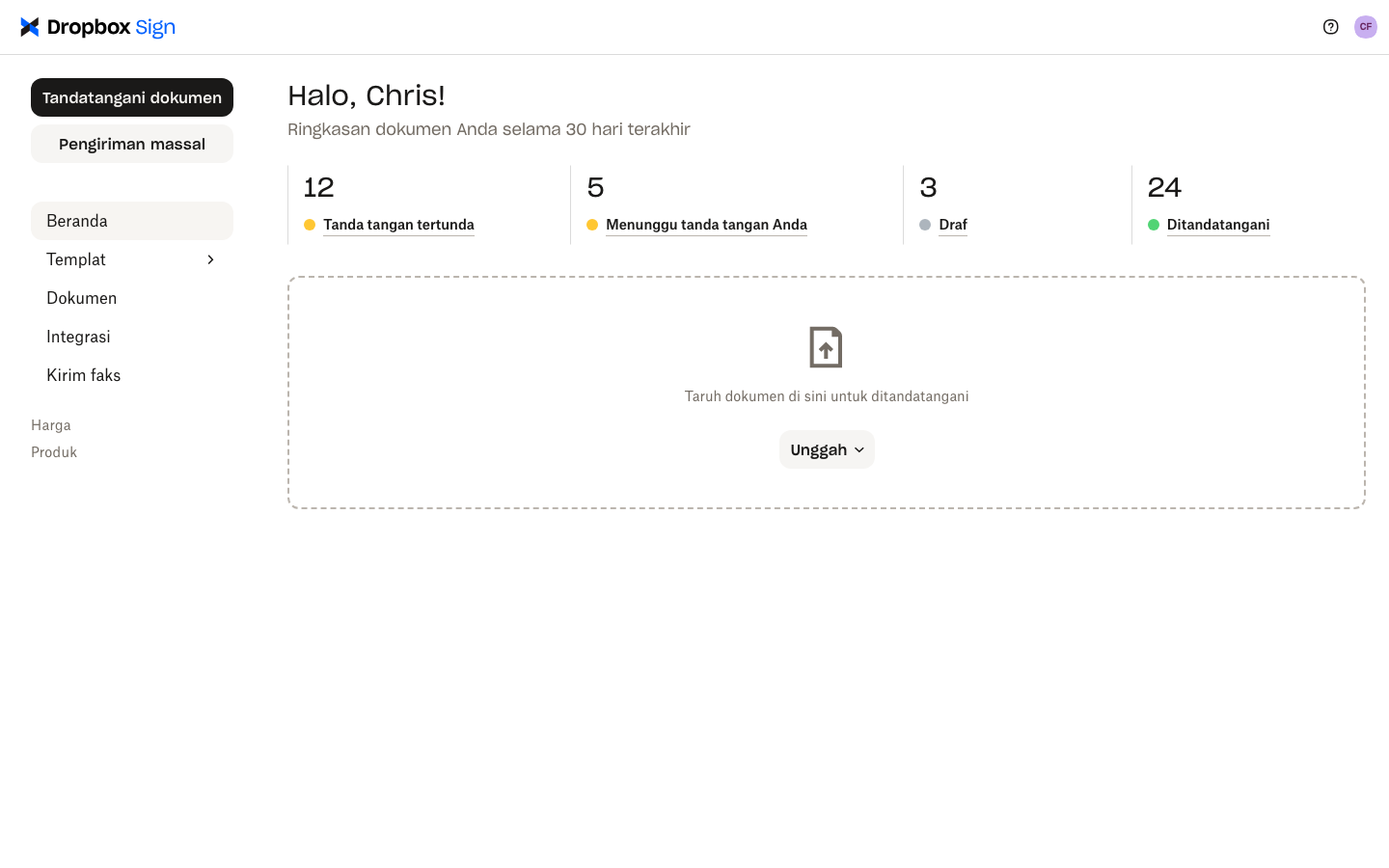 Dropbox Masuk ke akun pengguna yang menampilkan ringkasan dokumen.
