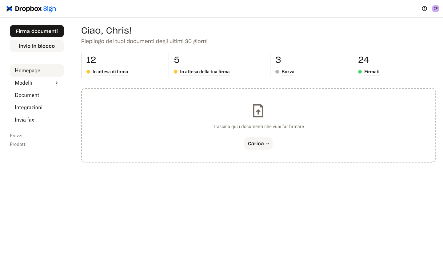 Account utente Dropbox Sign che mostra il riepilogo dei documenti.