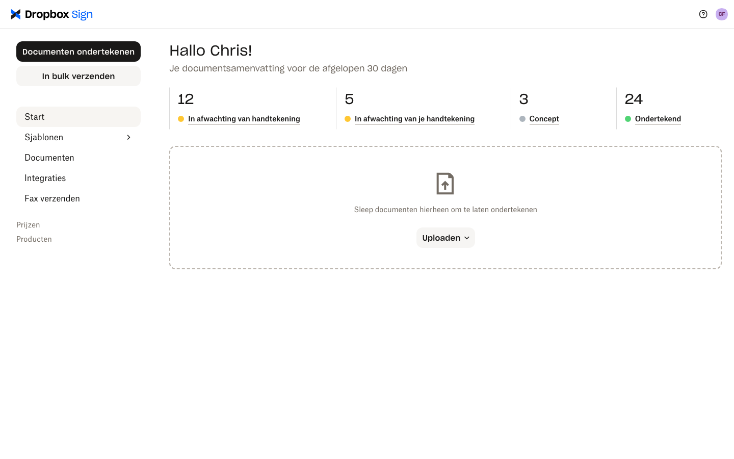 Dropbox-gebruikersaccount met overzicht van documenten.