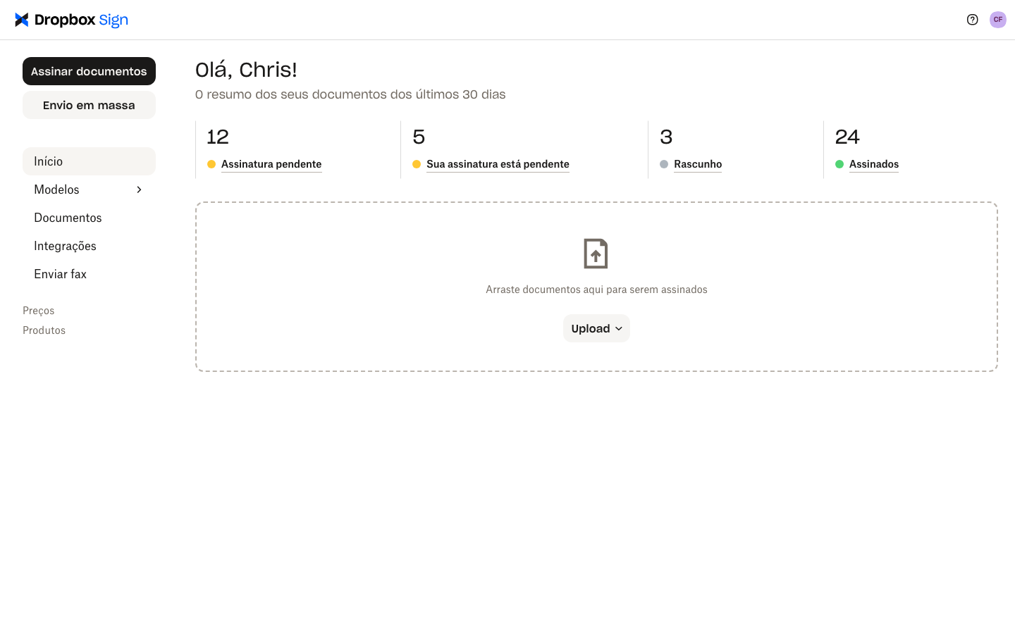 Conta de usuário do Dropbox Sign com resumo dos documentos.