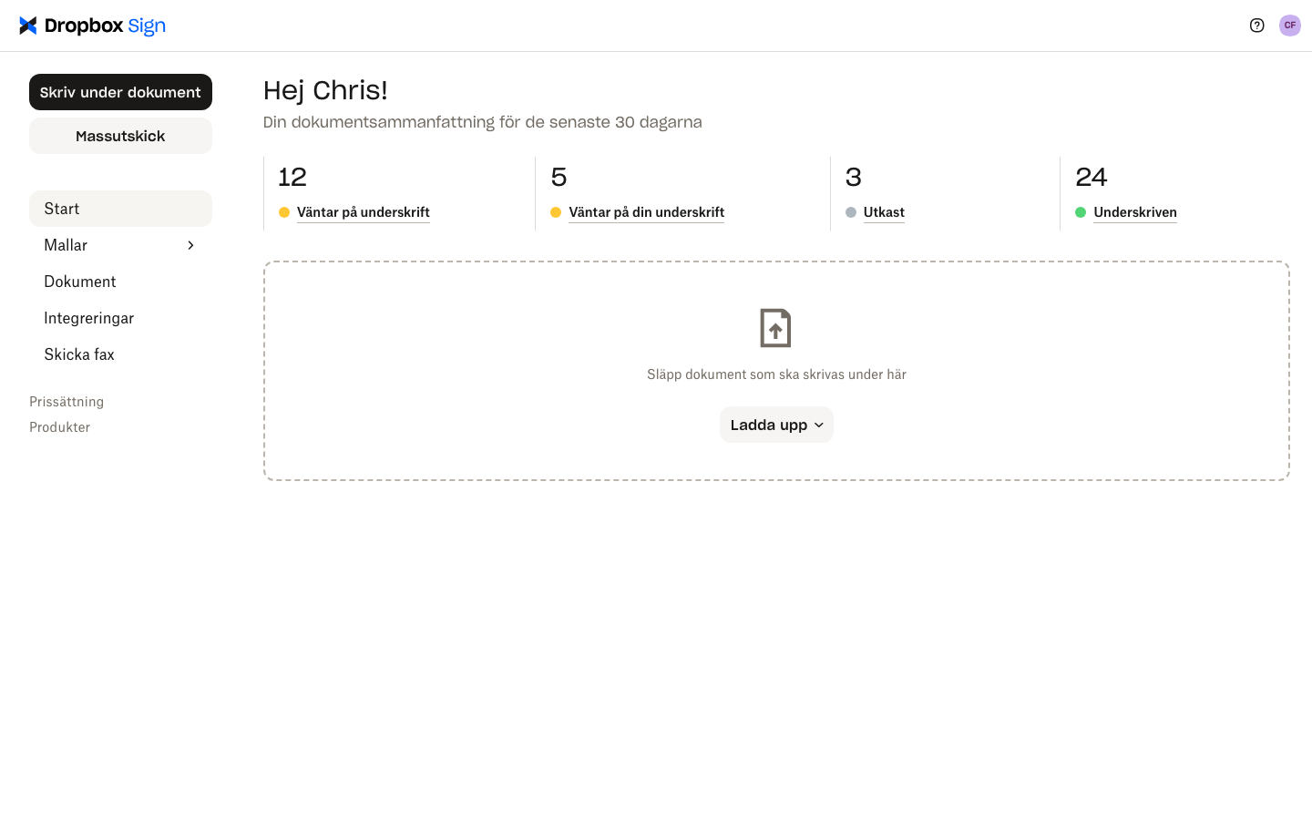 Dropbox Sign-användarkonto som visar dokumentsammanfattning.