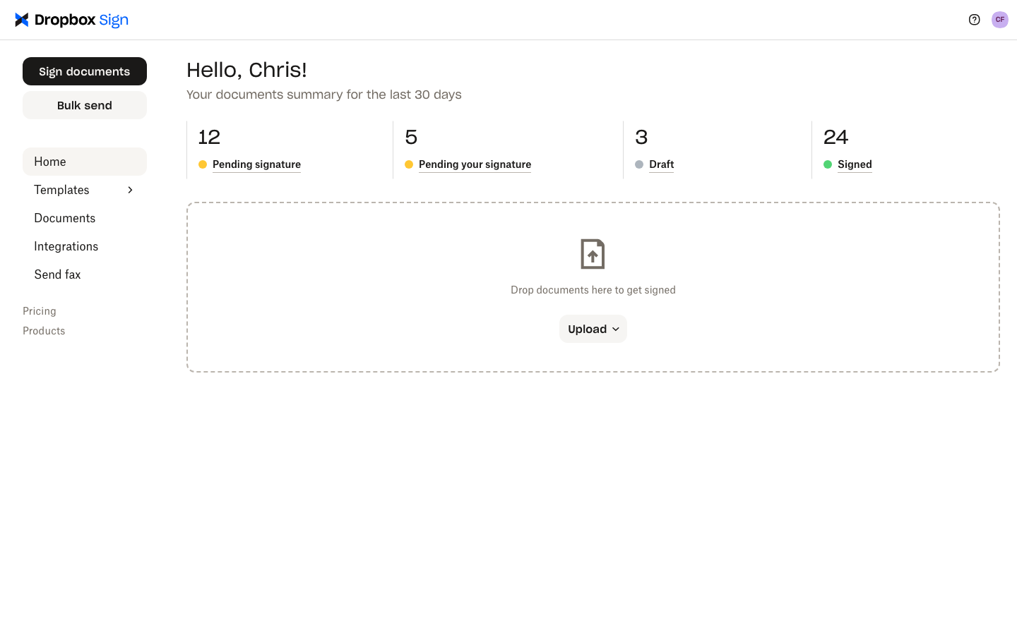 Dropbox Sign user account showing documents summary.