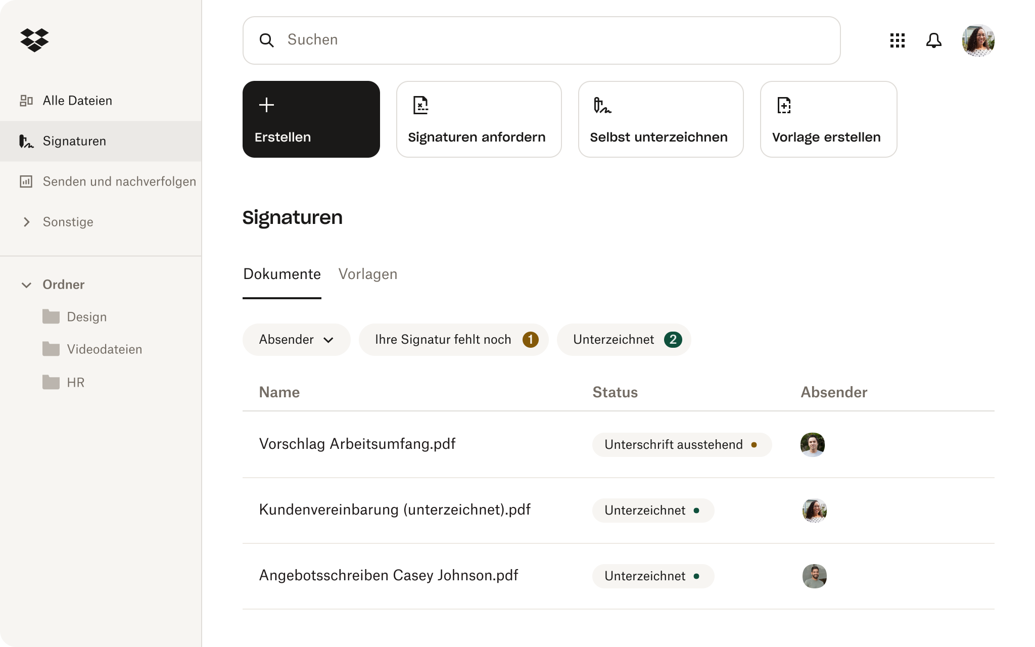 E-Signaturen-Oberfläche in Dropbox