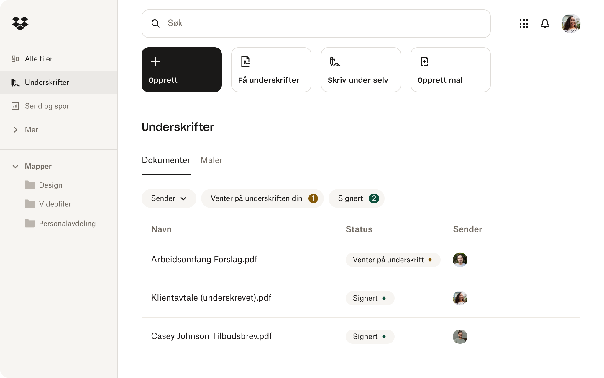 eSignature-grensesnitt i Dropbox.