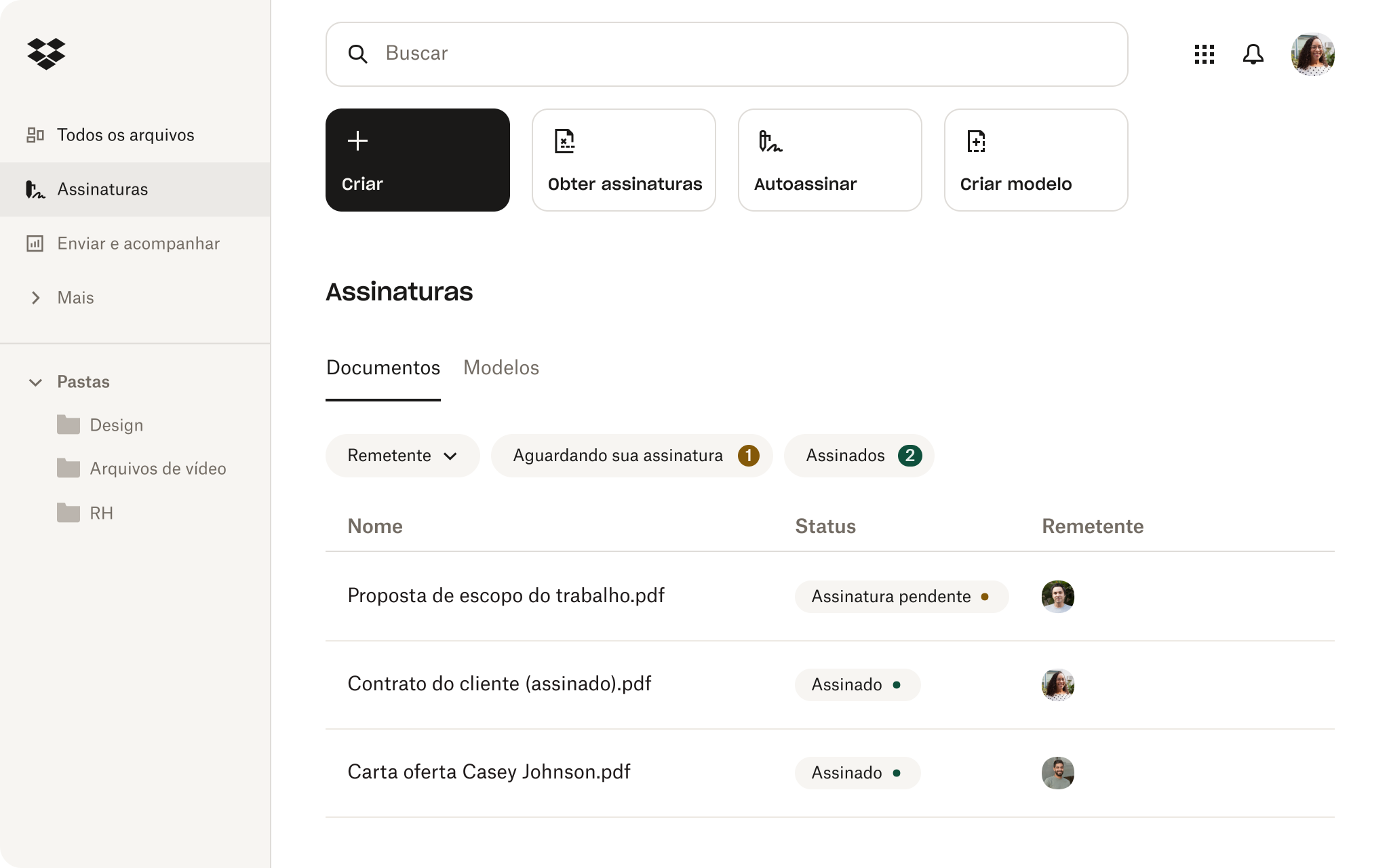 Interface de assinaturas eletrônicas no Dropbox.