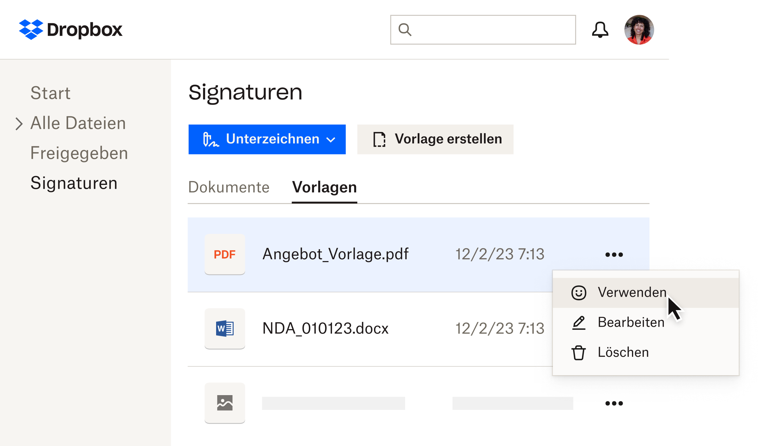 Vorlagen in Dropbox Sign auf der Signaturseite