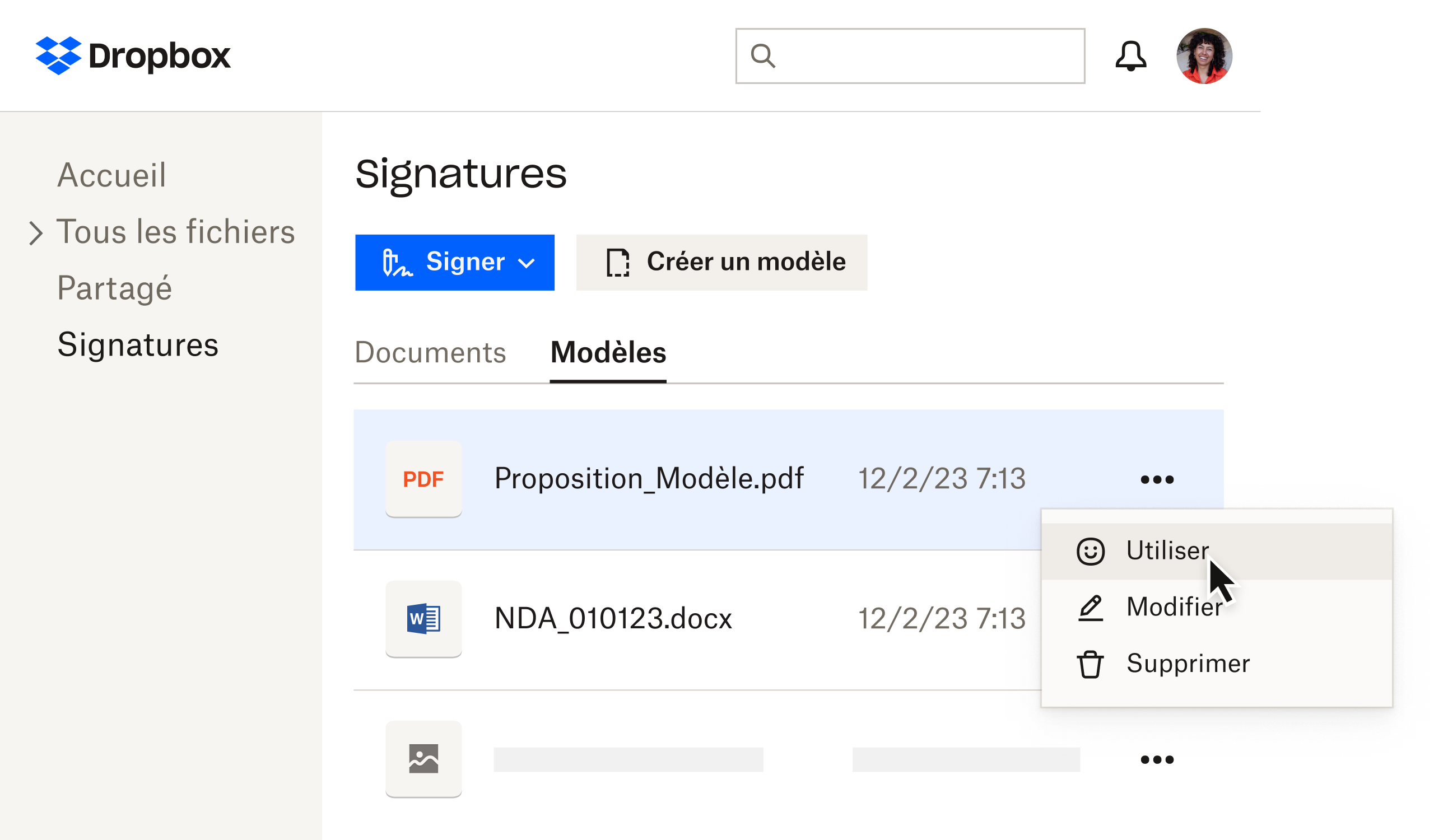 Modèles Dropbox Sign sur la page de signature