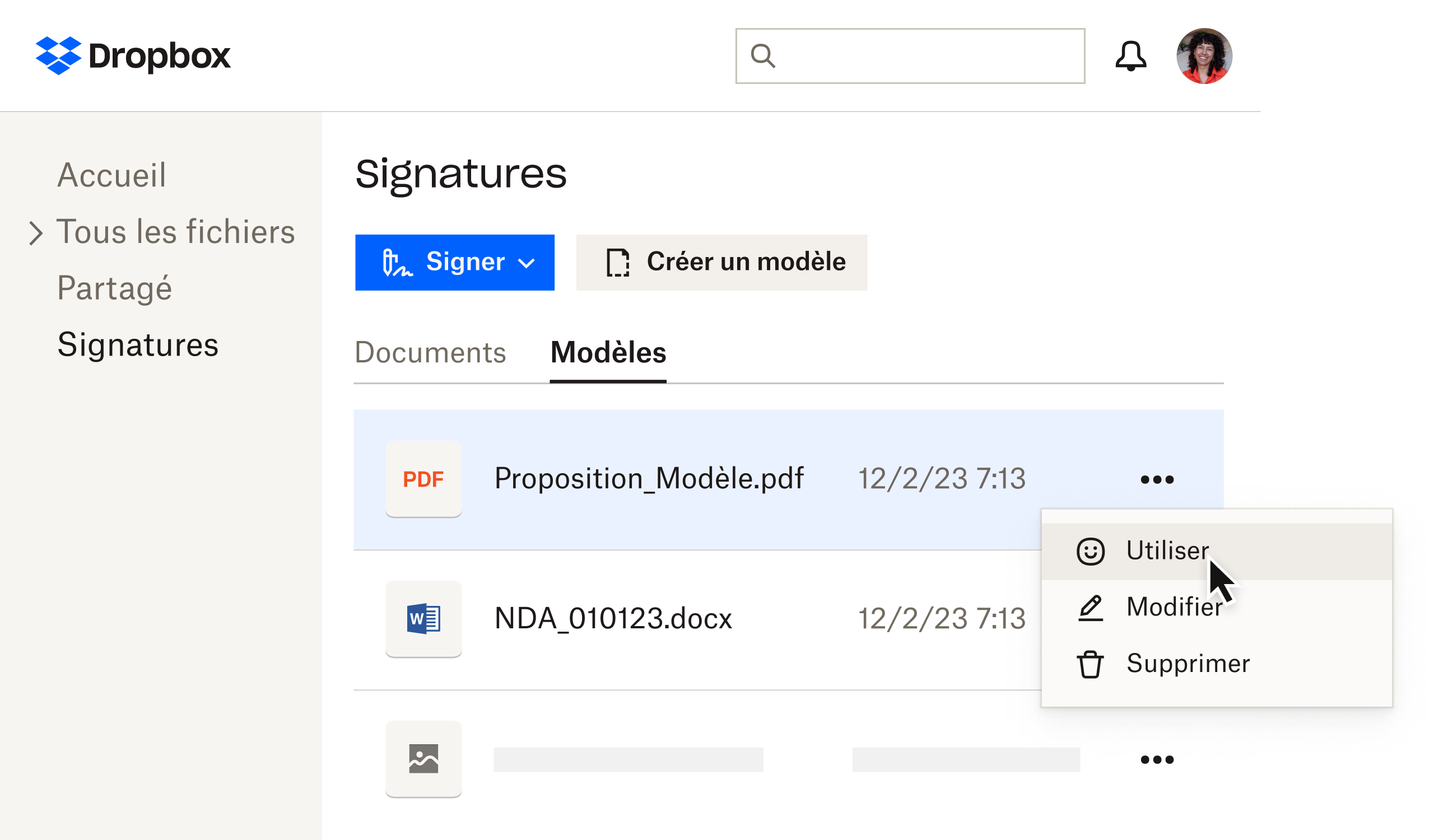 Modèles Dropbox Sign sur la page de signature