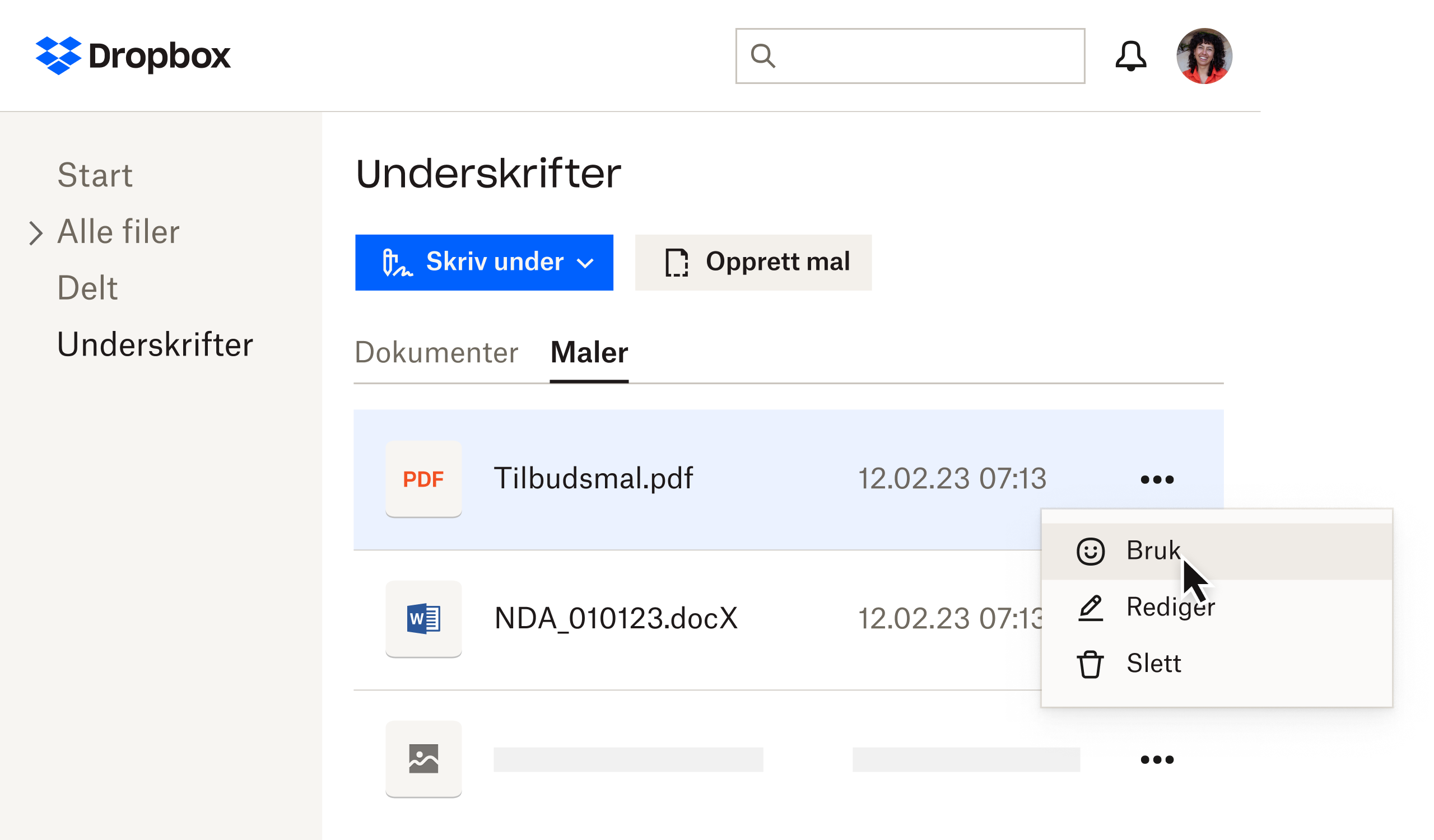 Maler på underskriftssiden i Dropbox Sign