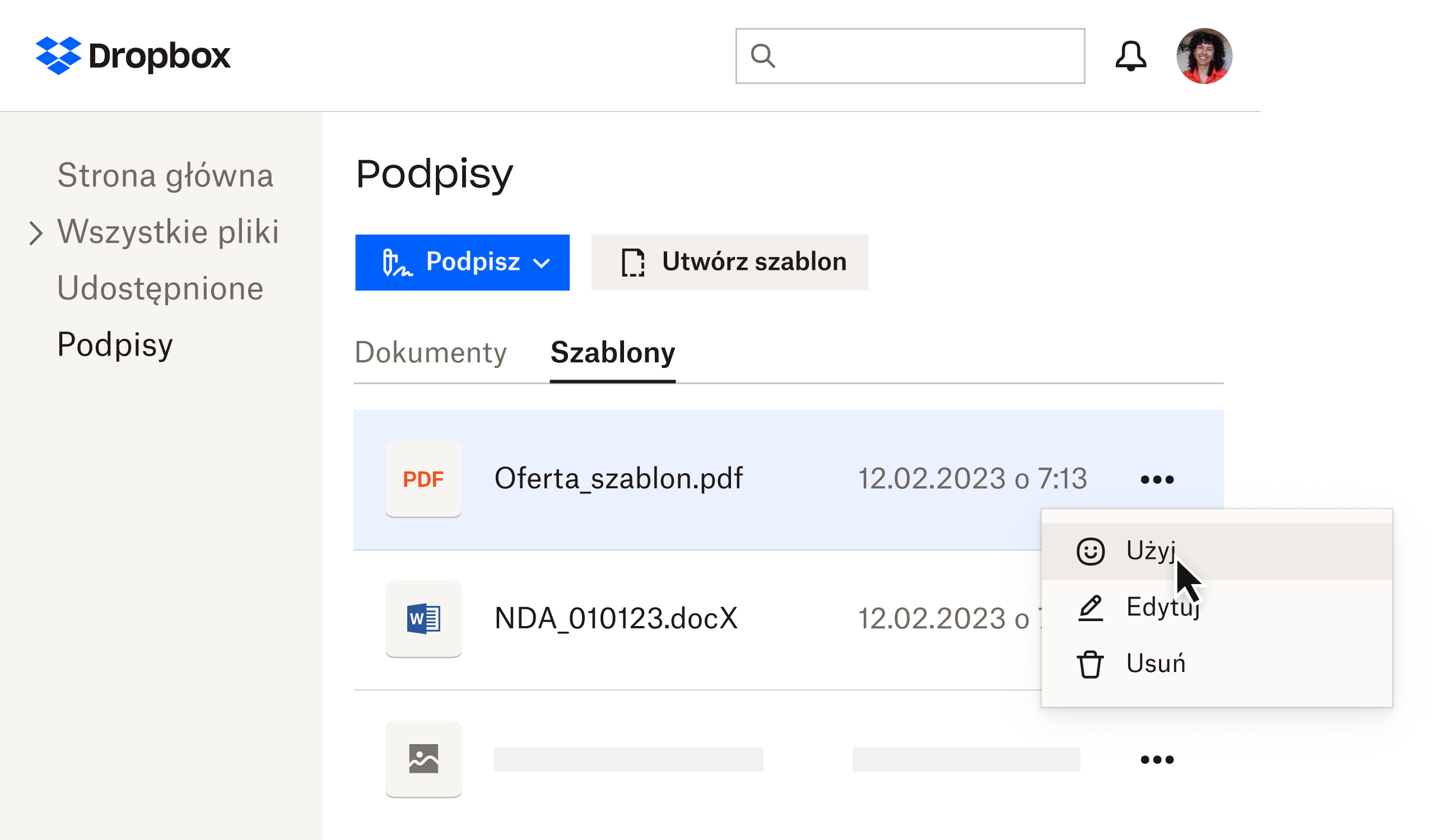 Szablony w usłudze Dropbox Sign na stronie podpisów