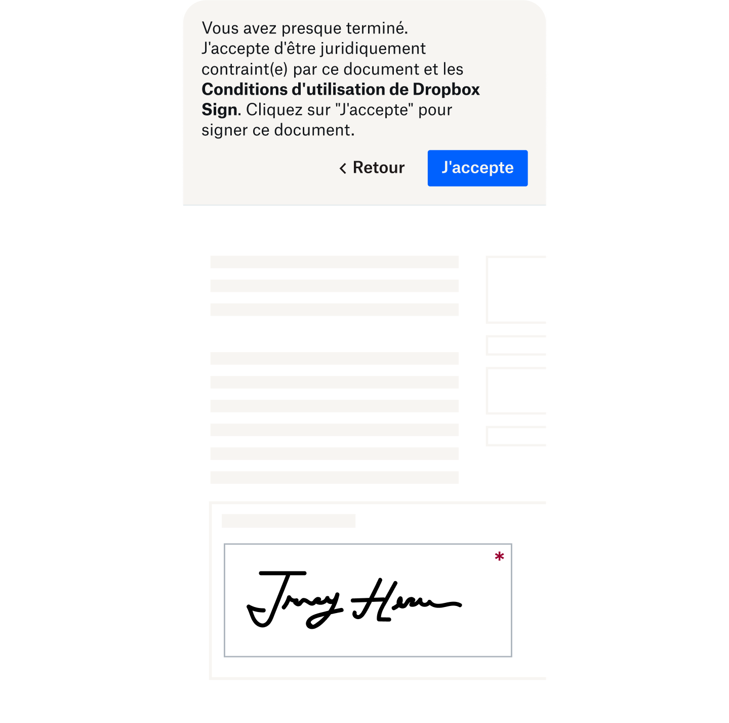  Notification d'accord indiquant à l'utilisateur que le document signé électroniquement est juridiquement contraignant