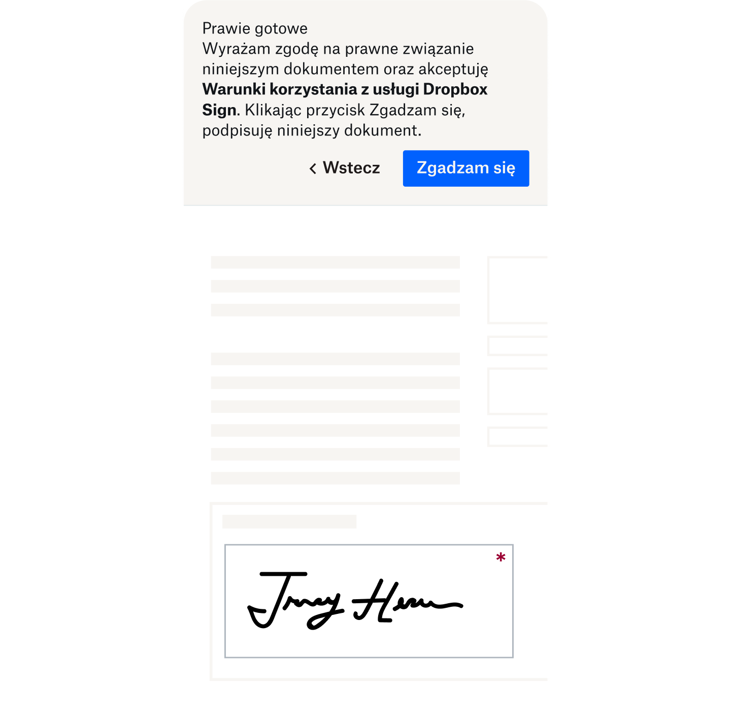  Powiadomienie dotyczące zgody, informujące użytkownika, że dokument podpisany elektronicznie jest prawnie wiążący