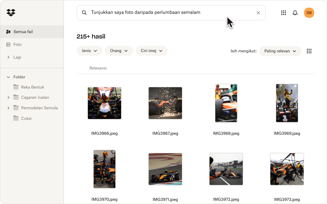 Antara muka Dropbox menunjukkan hasil carian untuk 'foto dari perlumbaan semalam'