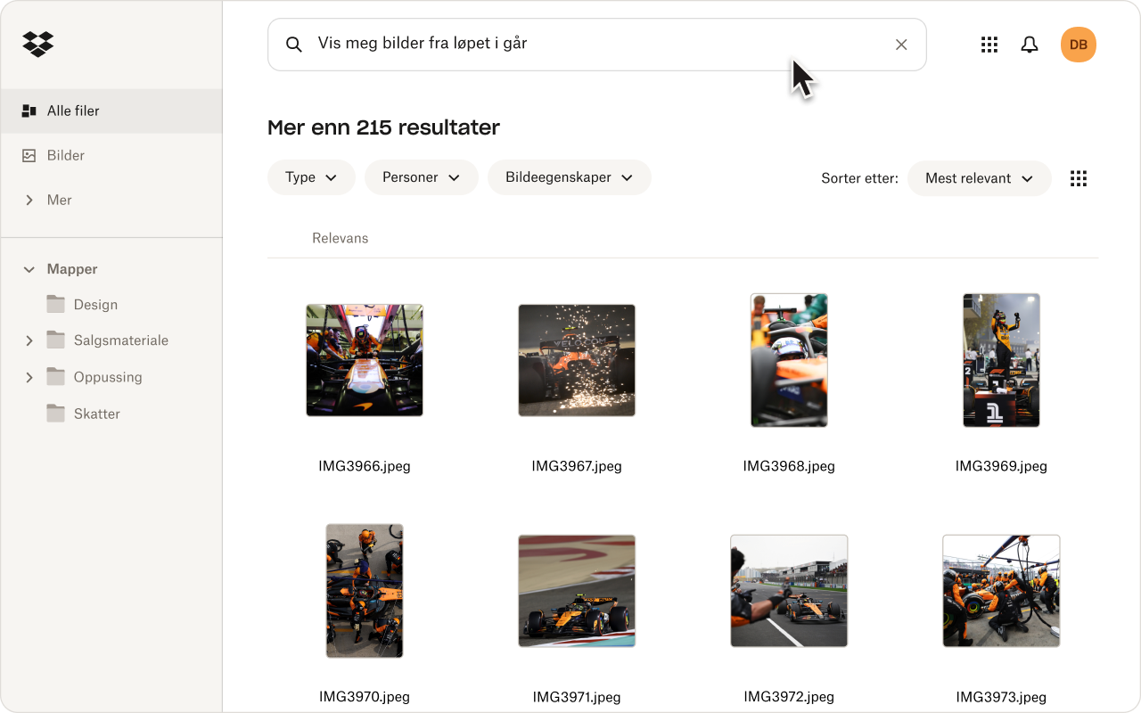 Dropbox-grensesnitt som viser søkeresultater for «bilder fra løpet i går»