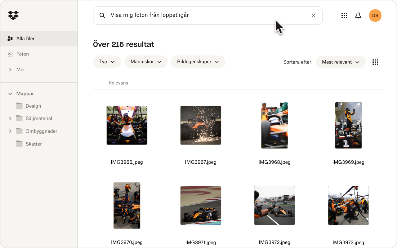 Dropbox-gränssnitt som visar sökresultat för "bilder från loppet igår"