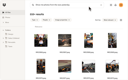 Dropbox interface showing search results for 'photos from the race yesterday’