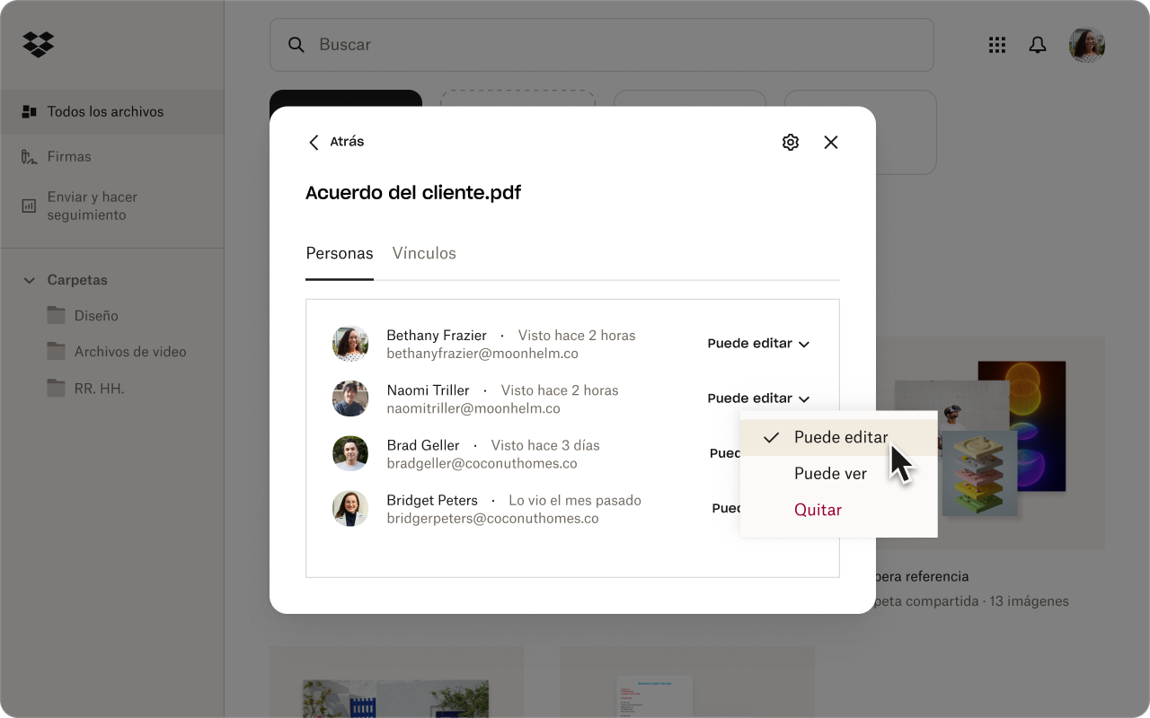 Interfaz de Dropbox que muestra la configuración de uso compartido del archivo &quot;Client Agreement.pdf&quot; (Acuerdo del cliente.pdf)