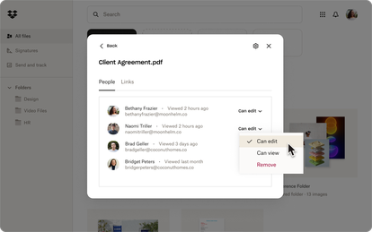 Dropbox interface showing the 'Client Agreement.pdf' file's sharing settings