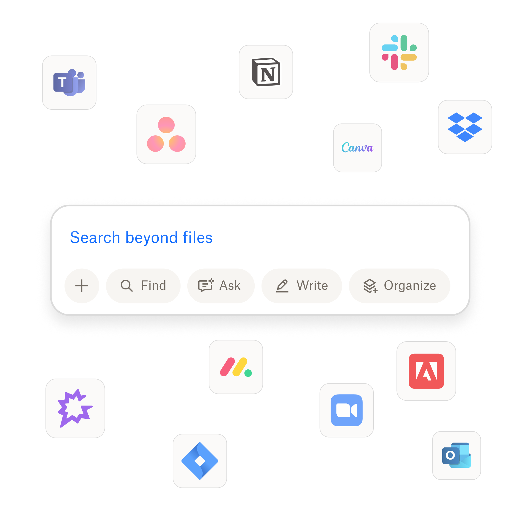 Interface de Dropbox Dash présentant une barre de recherche centrale avec l’invitation « Rechercher bien plus que des fichiers », entourée de diverses icônes d’applications.